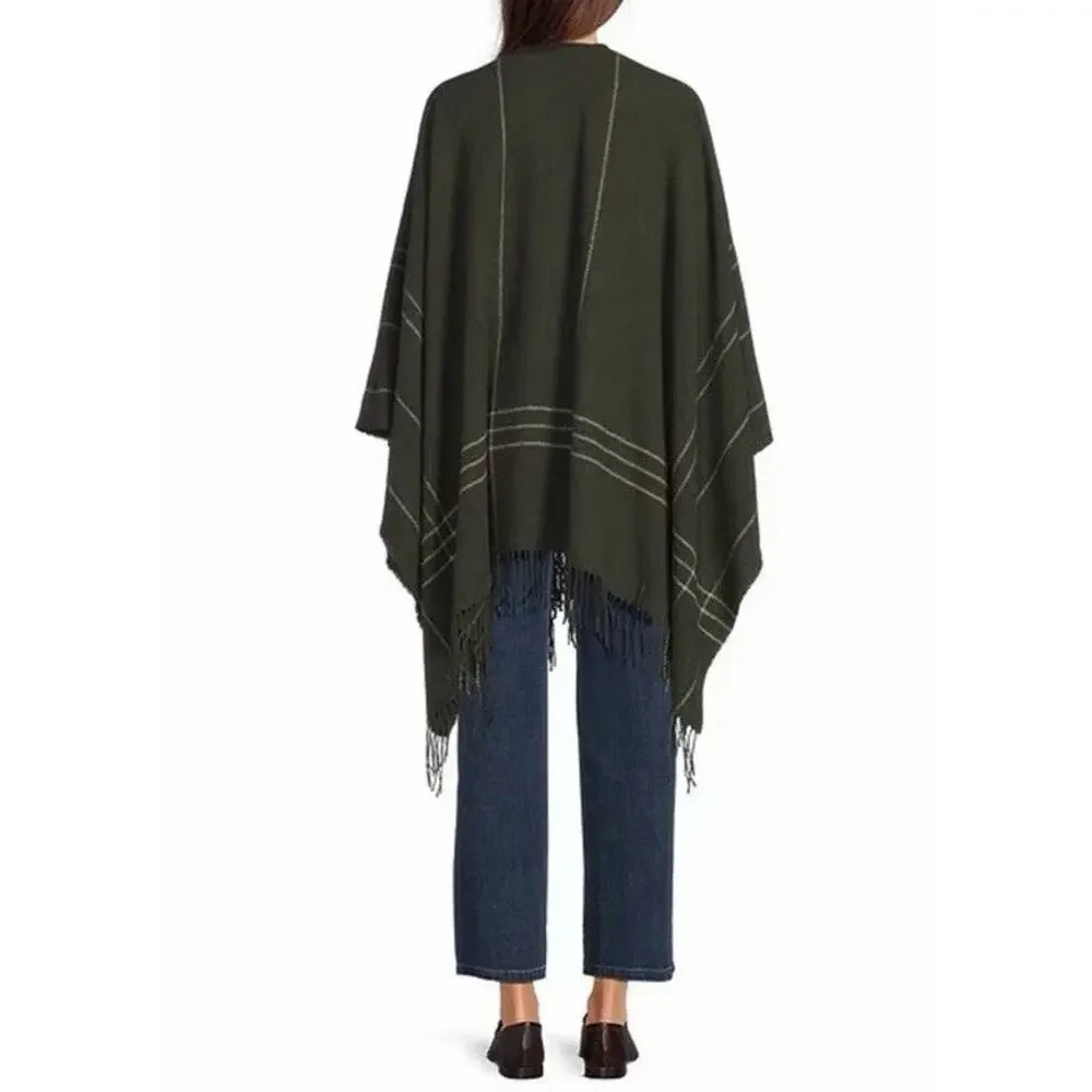 Eileen Fisher Wool Twill Green Plaid Wrap Fringe $188 NWT